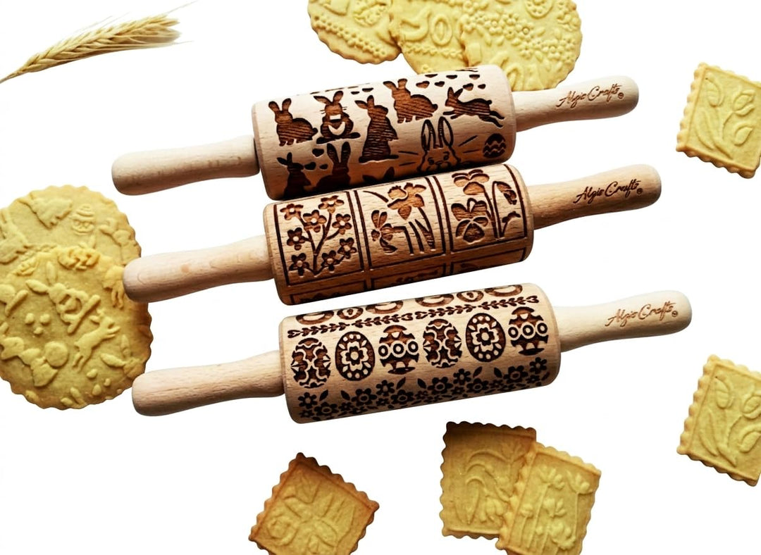 OSTERN 3-er SET Kinder Nudelhölzer Teigrolle für hausgemachtes Gebäck. Nudelholz mit muster. Gravier