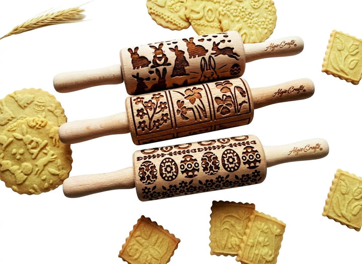 OSTERN 3-er SET Kinder Nudelhölzer Teigrolle für hausgemachtes Gebäck. Nudelholz mit muster. Gravier
