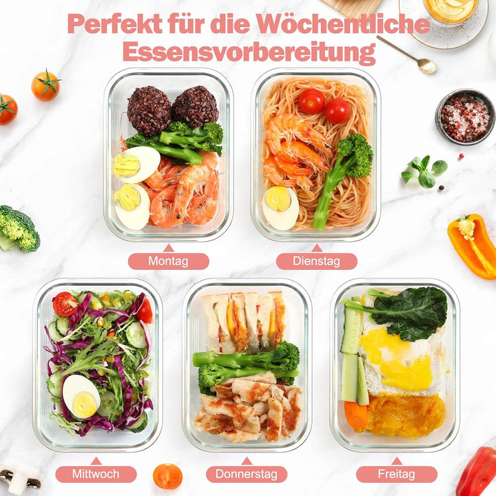 YASHE Glasbehälter mit Deckel, 10 Teile Stapelbar & Luftdicht Meal Prep Boxen Glas für Spülmaschine,