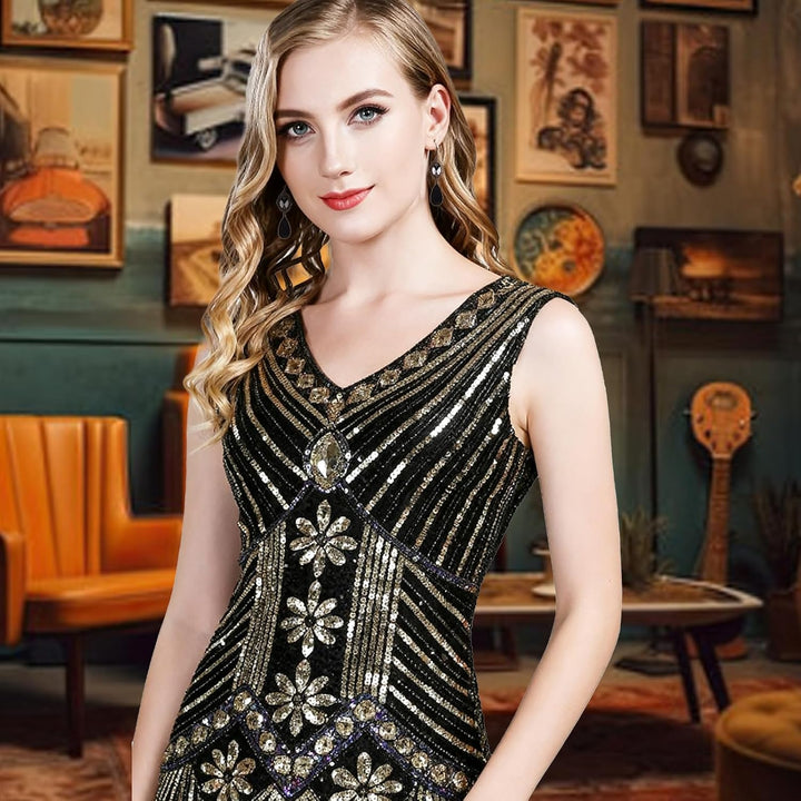 FEPITO 1920er Jahre V-Ausschnitt Pailletten Perlen Fransen Kleid mit 20er Jahren Zubehör Set Black A