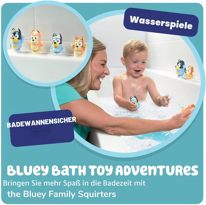 Toomies Bluey Squirter 4er Pack Badespielzeug Set mit Bluey, Bingo, Mama und Papa, Wasserspritzspass