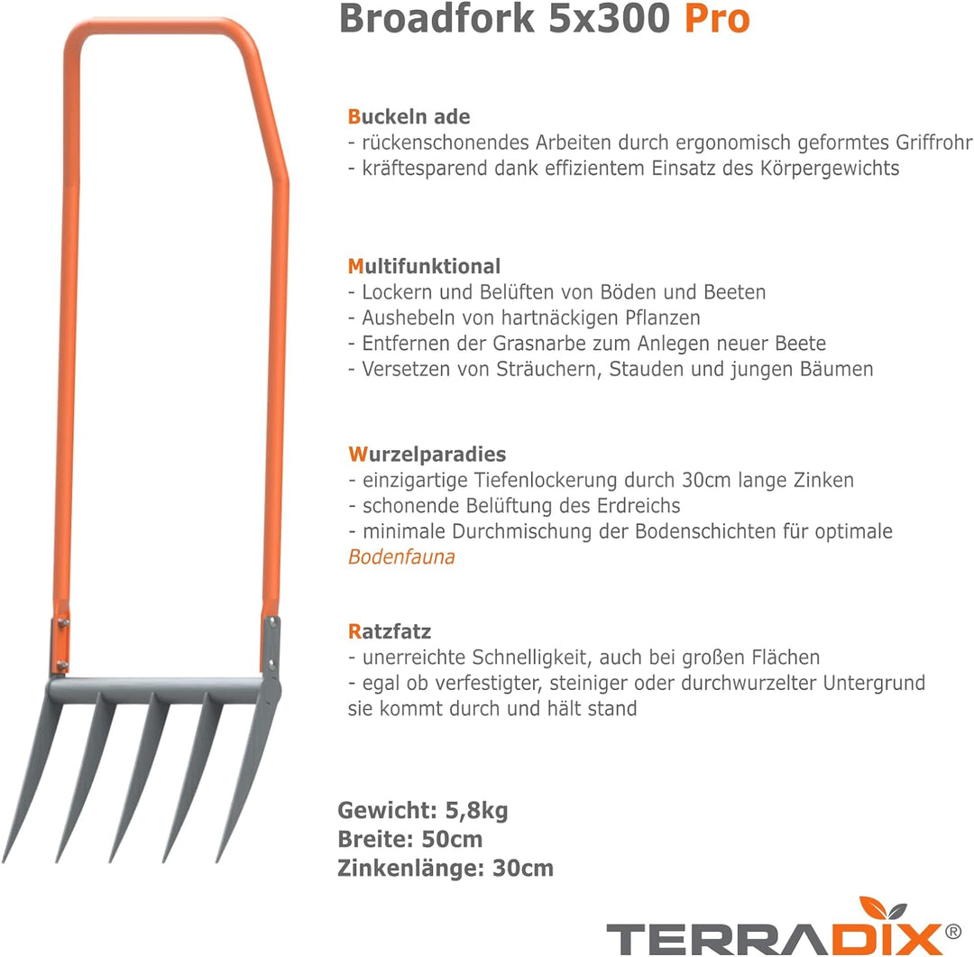 Grabegabel Terradix® 5x300 Pro - optimale Tiefenlockerung und Belüftung von Beeten - für einen erfol