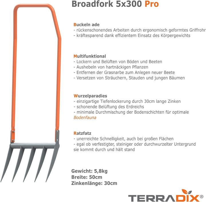 Grabegabel Terradix® 5x300 Pro - optimale Tiefenlockerung und Belüftung von Beeten - für einen erfol