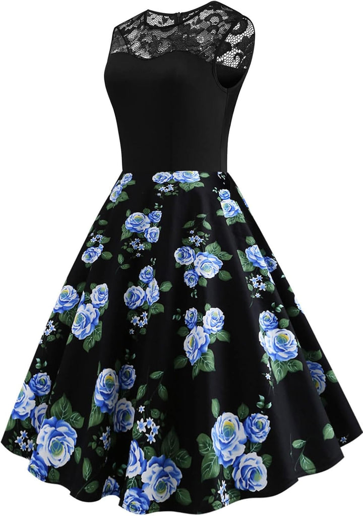 AXOE Damen 50er Jahre Rockabilly Kleid mit Blumenmuster Ärmellos M Farbe12, M Farbe12