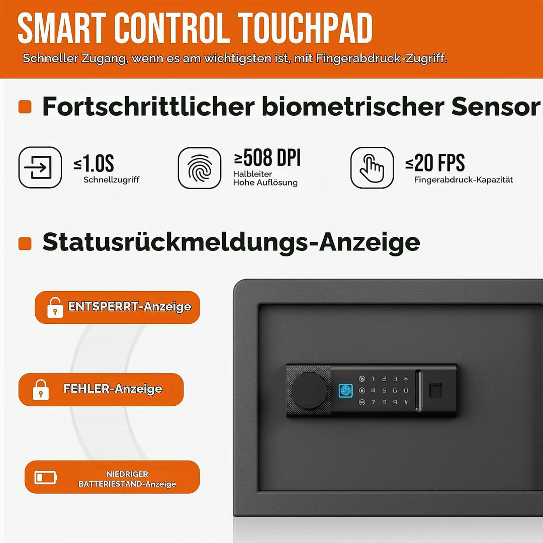 RPNB Biometrischer Tresor, Hintergrundbeleuchtete Touchpad, Kleiner Tresor für Zuhause mit Notfall-U