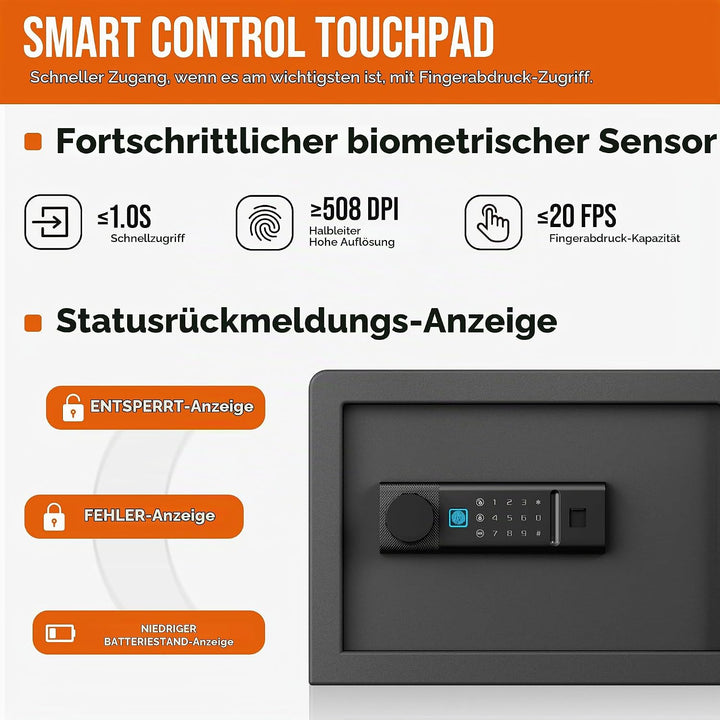 RPNB Biometrischer Tresor, Hintergrundbeleuchtete Touchpad, Kleiner Tresor für Zuhause mit Notfall-U