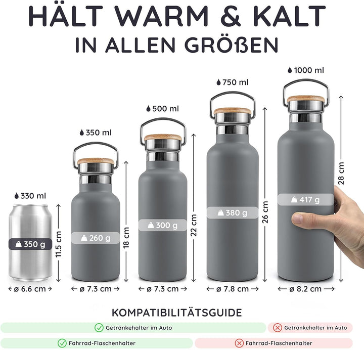 Bambaw Thermosflasche 500ml, Trinkflaschen Grau, Edelstahl Trinkflasche, Thermosflasche Spülmaschien