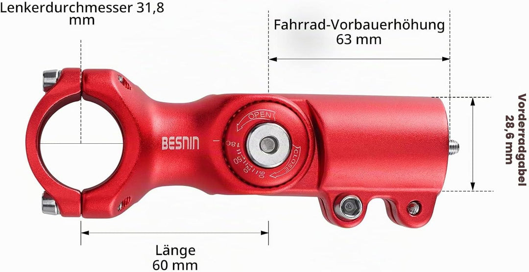 BESNIN Fahrrad Vorbau,Radfahren MTB Vorbau 0-90° 31.8MM OR 25.4MM 60/93/100mm Mountainbike Lenker Vo