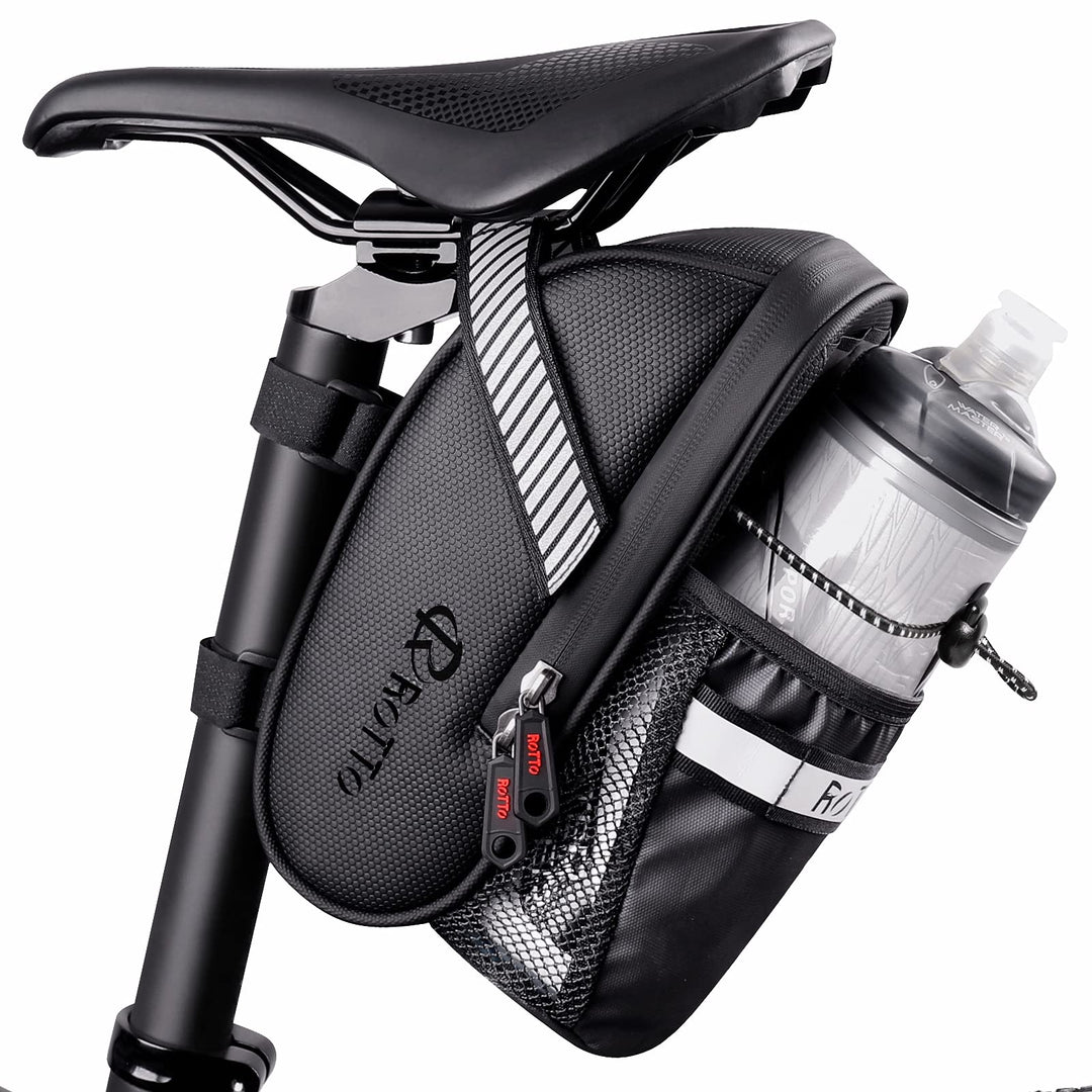 ROTTO Satteltasche mit Flaschenhalter Fahrrad Satteltasche Wasserdicht für Rennrad MTB Schwarz