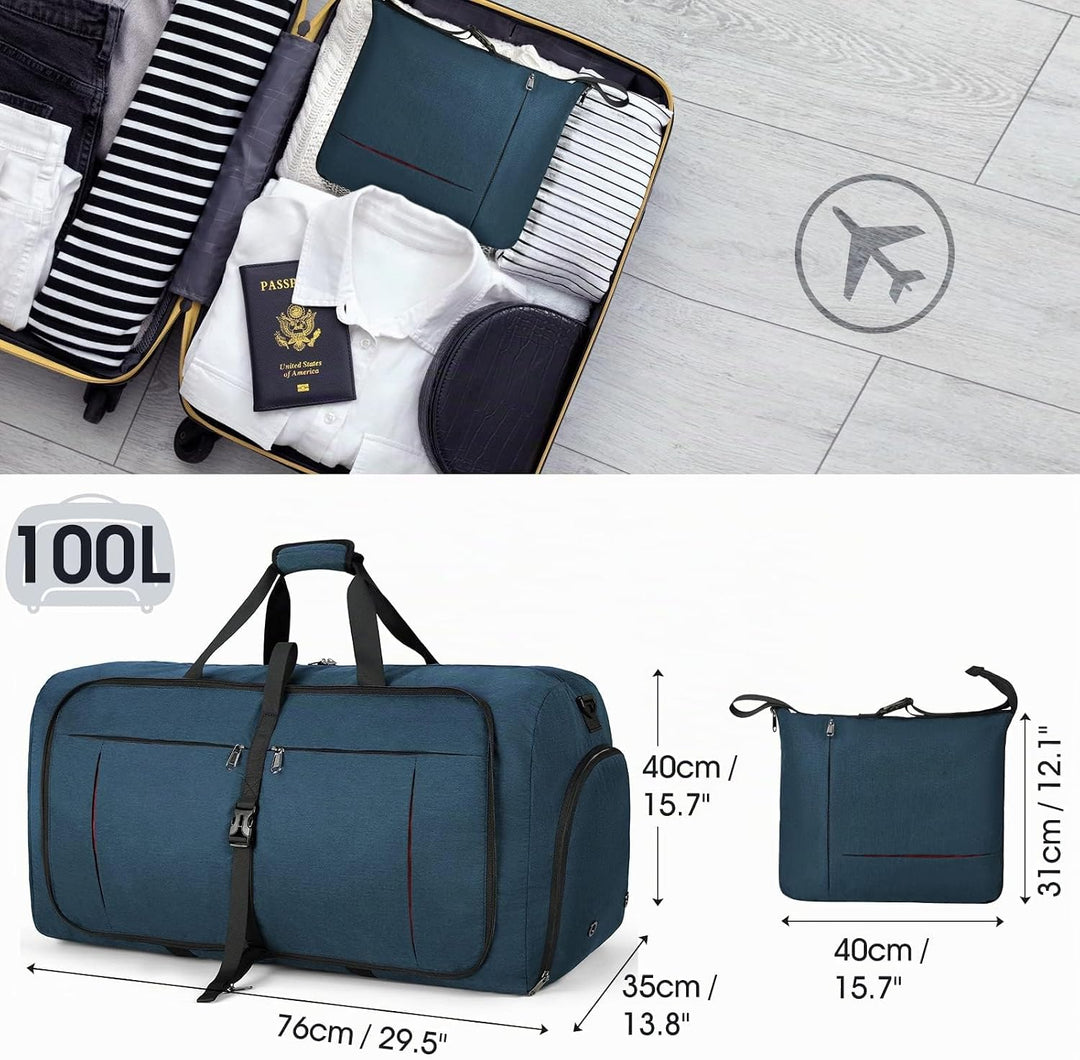 NUBILY Faltbare Reisetasche Gross 100L Sporttasche Herren Damen mit Schuhfach Leichter Reisetaschen
