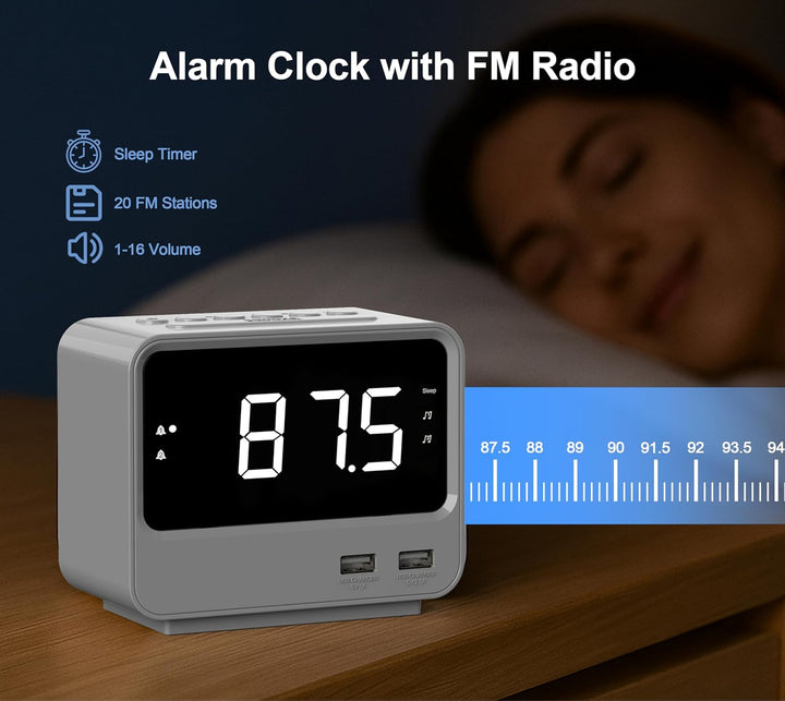 iTOMA Radiowecker für Schlafzimmer mit Zwei USB-Ladeanschlüssen, grossen Zahlen mit Einstellbarer He