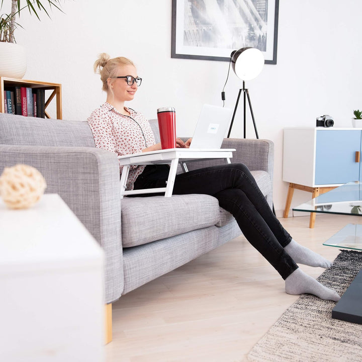 Relaxdays Bambus Laptoptisch, höhenverstellbarer Laptopständer für Bett und Sofa, mit Schublade, HBT