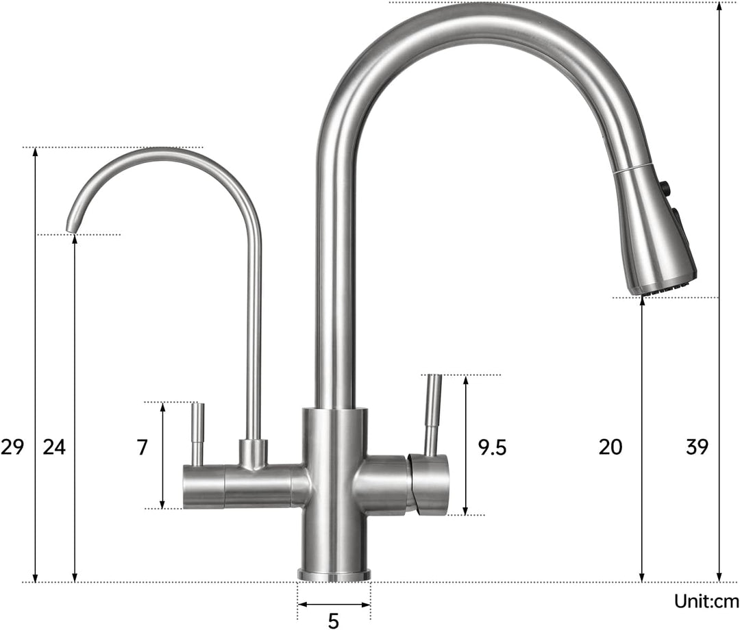 3 Wege Wasserhahn Edelstahl, 360° Drehbar Trinkwasserhahn mit Ausziehbarer Handbrause, 3 in 1 Küchen