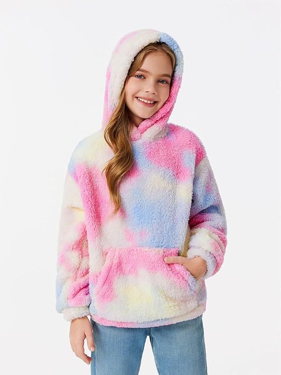 Haloumoning Kapuzenpullover Kinder Teddy Fleece Hoodie Tie Dye Warm Sherpa Sweatershirt Mädchen Jung