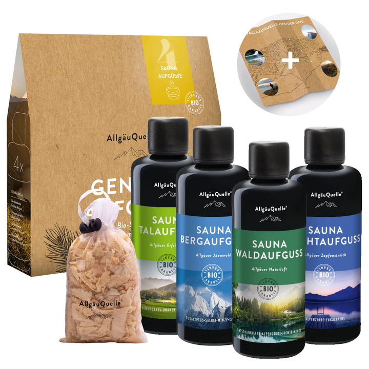 AllgäuQuelle® Saunaaufguss Set GENUSS AUFGUSS 100% BIO | Sauna Aufgussmittel | 4x100ml ✓ Allgäuer Er
