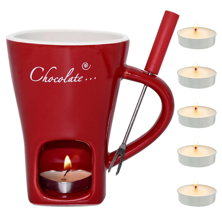 Schokofondue Tasse, 200ml Schokoladen Fondue Becher Set, Keramik Schokoladenfondue Set, mit Gabel un