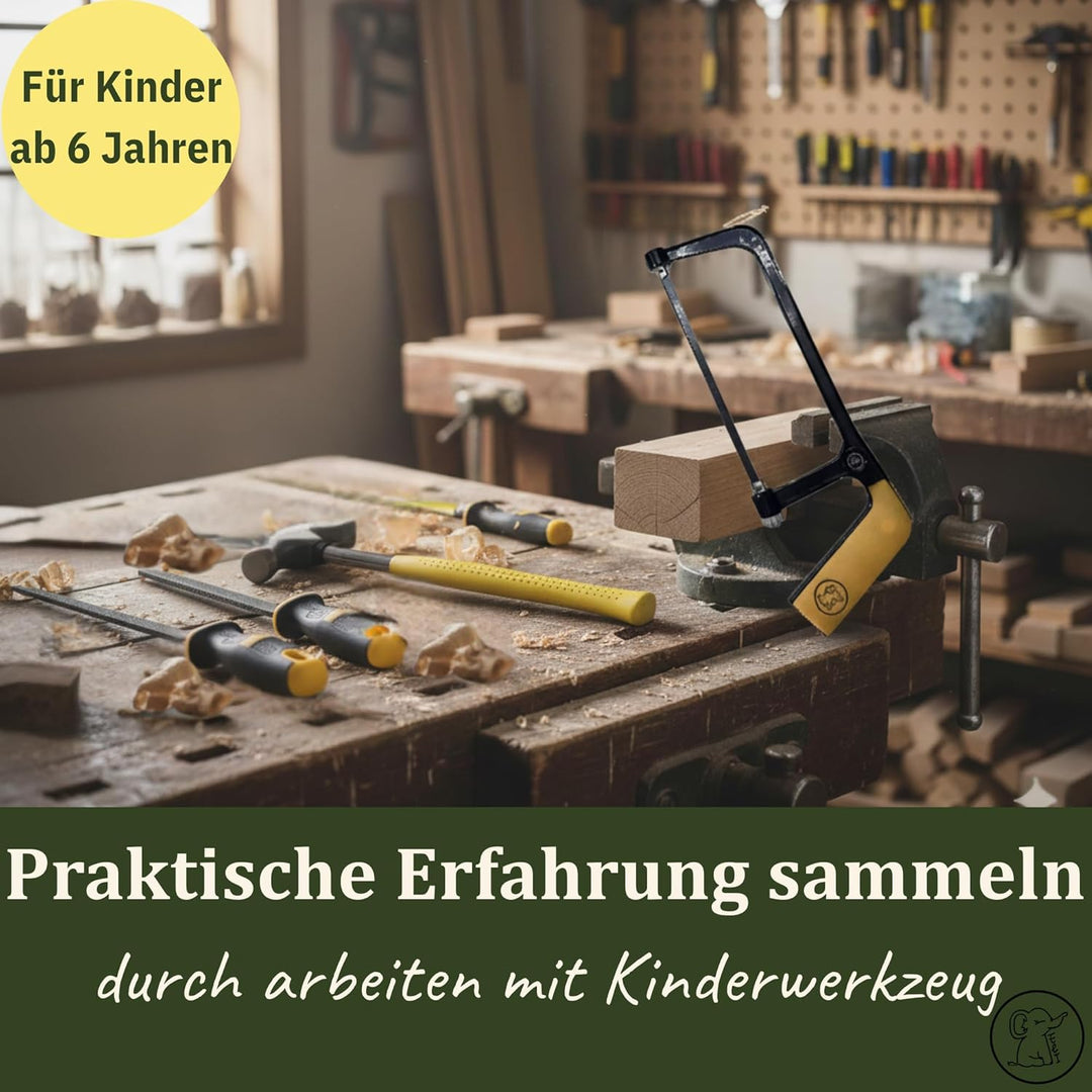 Eli® Kinderwerkzeug Set ab 6 Jahre inkl Kindersäge - Hammer - Holzraspel - Schutzhandschuhe - echtes