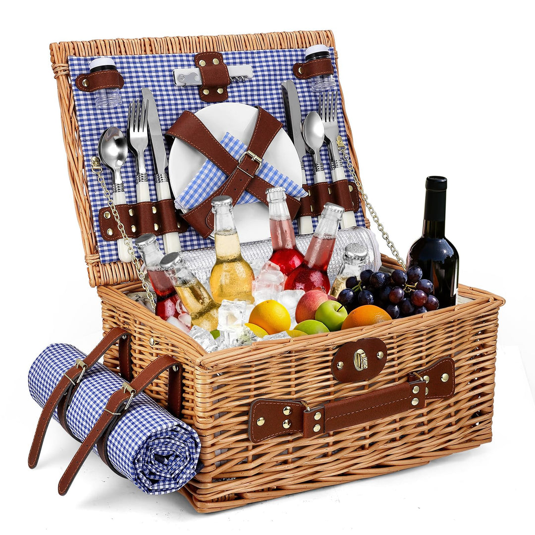 Picknickkorb für 4 Personen, handgeflochtener Korb mit eingebauter Isolierung und wasserdichter Deck