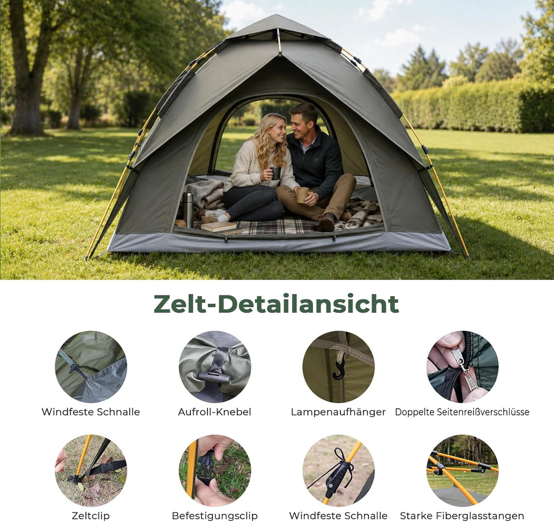 Pop Up Zelt 3-4 Personen, Automatisches Wurfzelt mit 3000mm Wasserdicht, Doppelwand Campingzelt für