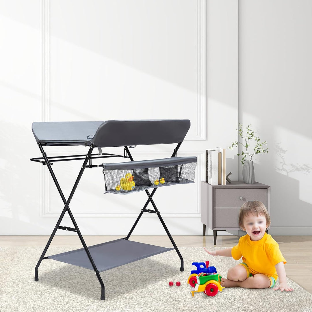 Baby Wickelkombi, Klappbare Wickelkommode, Wickeltisch mit Wickelauflage, Sicherheitsgurt und Ablage