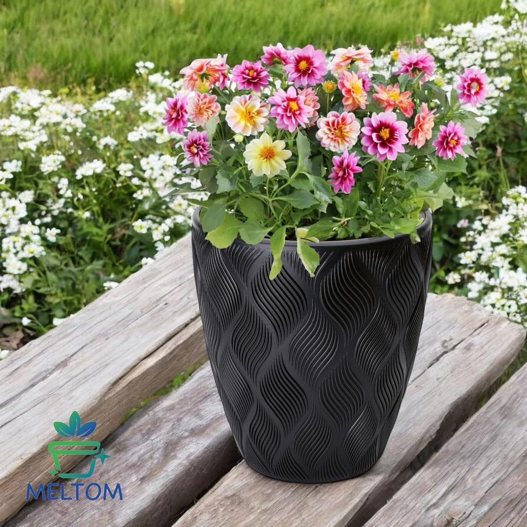 MELTOM Blumentopf mit Bewässerungssystem Rund Niedrig 3D Effekt Dekorativ, Farbe: Schwarz, DxH: 39 x