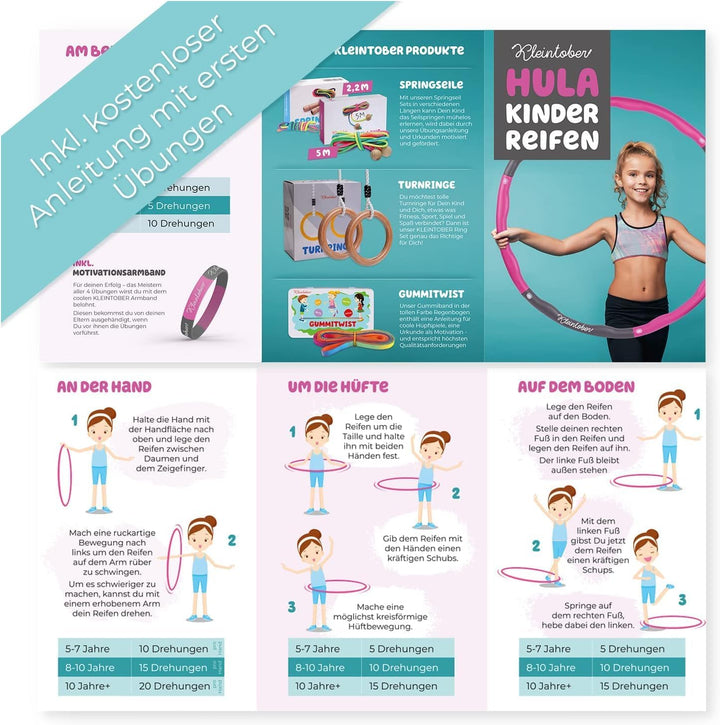 KLEINTOBER Premium Hula für Kinder & schlanke Erwachsene Set mit Übungsanleitung Gymnastik Hoola Hoo