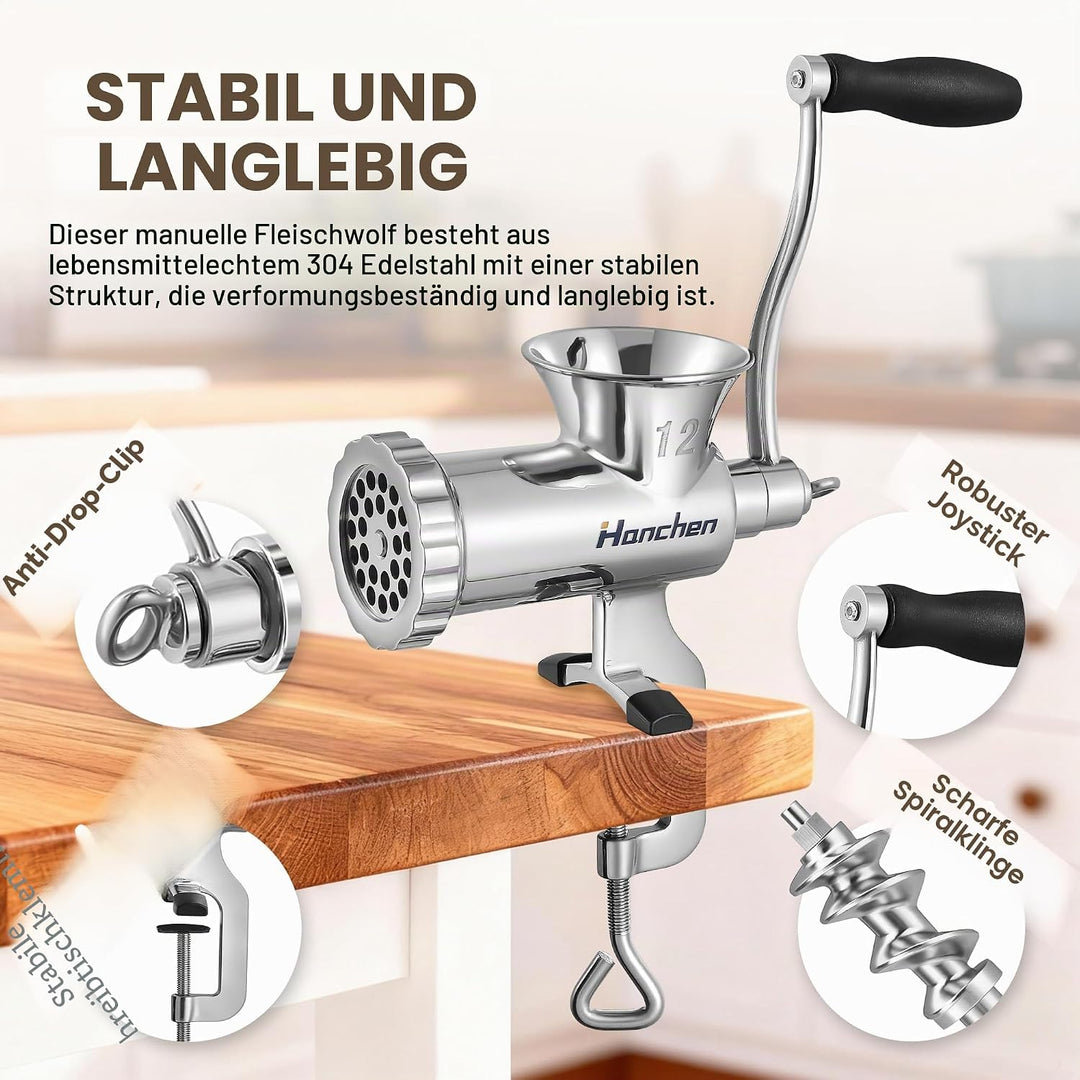 Hanchen Edelstahl Manueller Fleischwolf Haushalt Multifunktionale Einlaufmaschine Fleischmühle Wurst