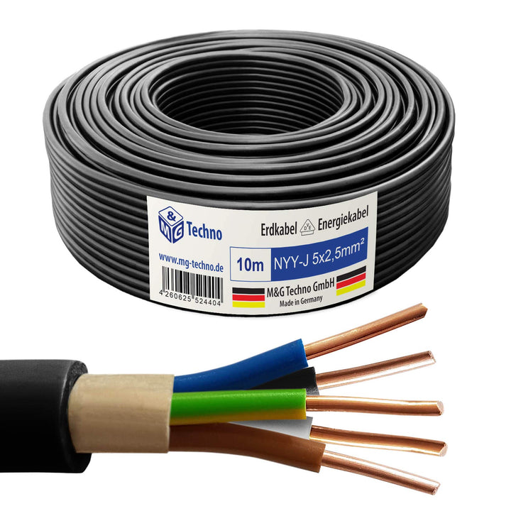 M&G Techno 10m NYY-J 5x2,5 mm² Erdkabel Elektro Strom Kabel Kupfer eindrähtig Made in Germany 10m NY