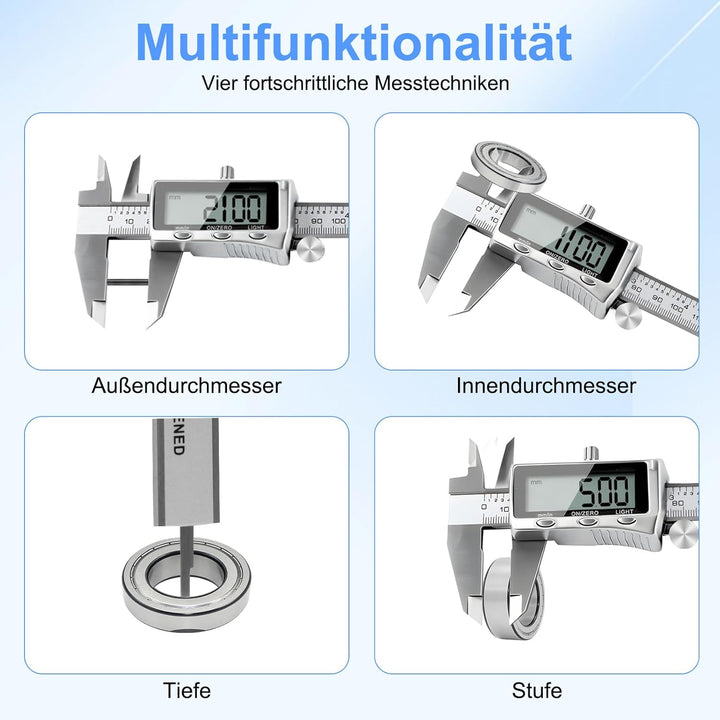 Digitaler Messschieber 150mm Edelstahl, USB-C Wiederaufladbar, IP54 Schutz, ±0,02 mm Präzision, Schi