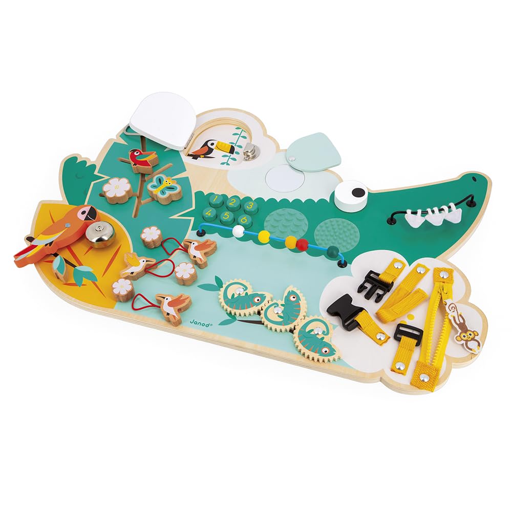 Janod - Busy Board Croco - Activity Board - Thema Dschungeltiere - 14 Aktivitäten - Kinderspielzeug