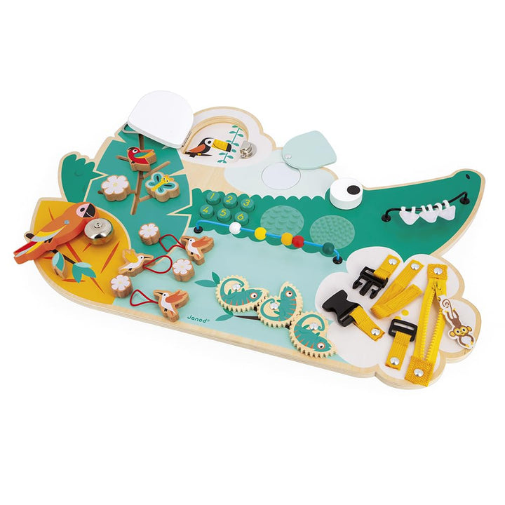 Janod - Busy Board Croco - Activity Board - Thema Dschungeltiere - 14 Aktivitäten - Kinderspielzeug