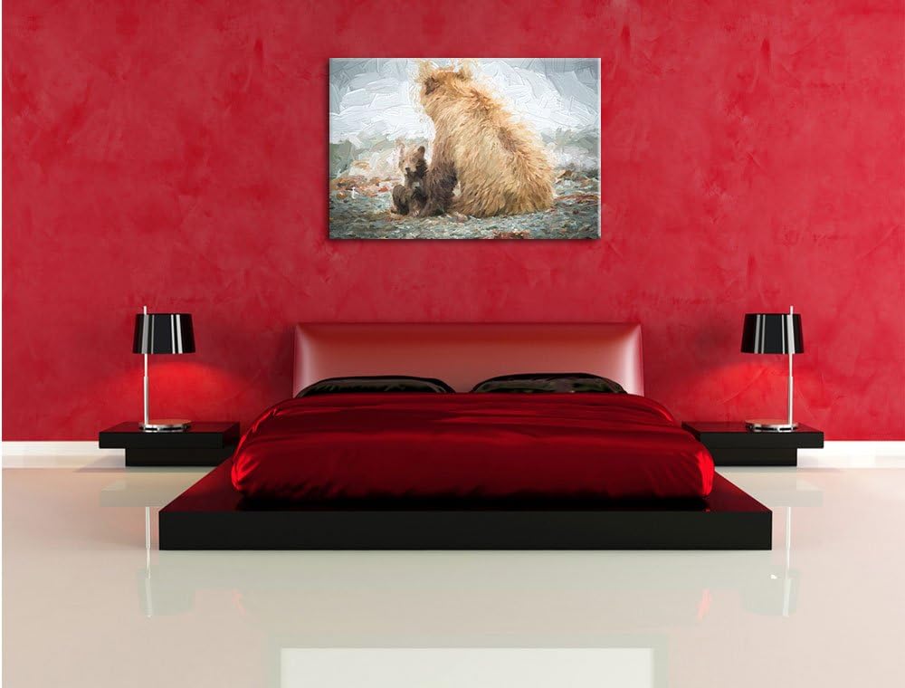 Pixxprint Bär mit Baby nach dem Baden / 100x70cm Leinwandbild bespannt auf Holzrahmen/Wandbild Kunst