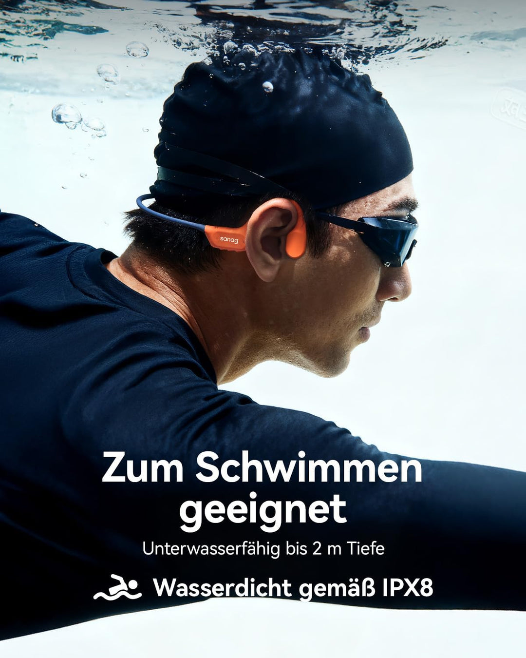 SANAG Knochenschall Schwimmen Kopfhörer, IP68 Wasserdicht, 64GB MP3 Player, Bluetooth 6.0 Sport Kopf