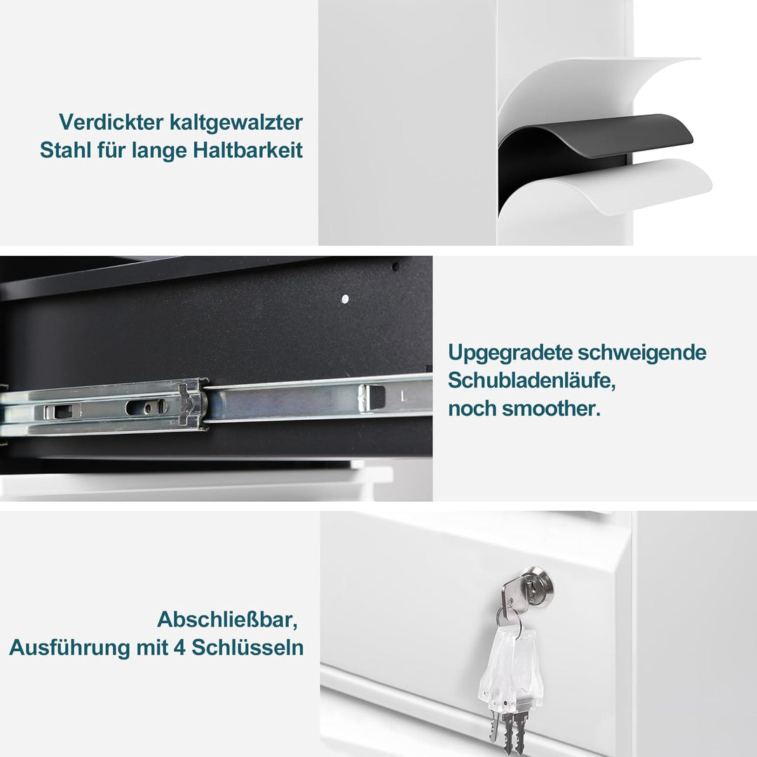 Rollcontainer mit 3 Schubladen, Aktenschrank, Büroschrank aus Metall, Aktenschrank unter Schreibtisc