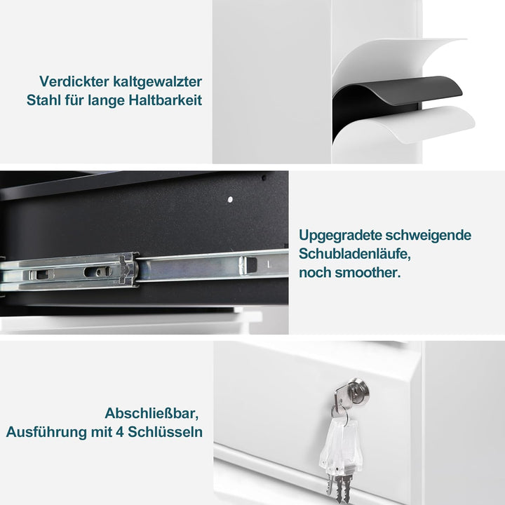 Rollcontainer mit 3 Schubladen, Aktenschrank, Büroschrank aus Metall, Aktenschrank unter Schreibtisc