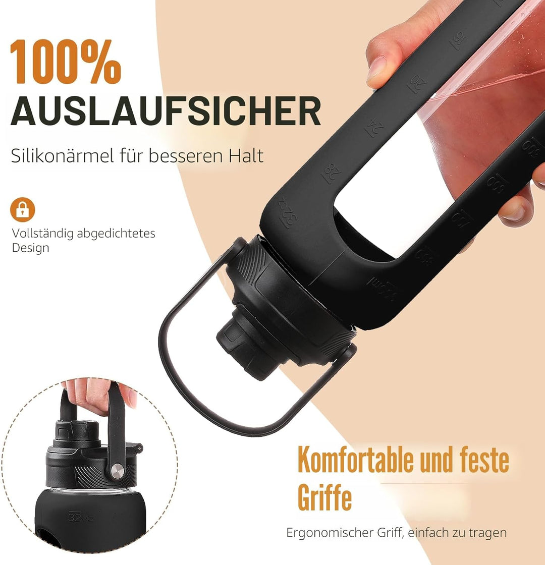 BLUEGO Trinkflasche Glas 900ml Sport Wasserflasche mit 2 Deckeln und Strohhalm Auslaufsichere Glasfl