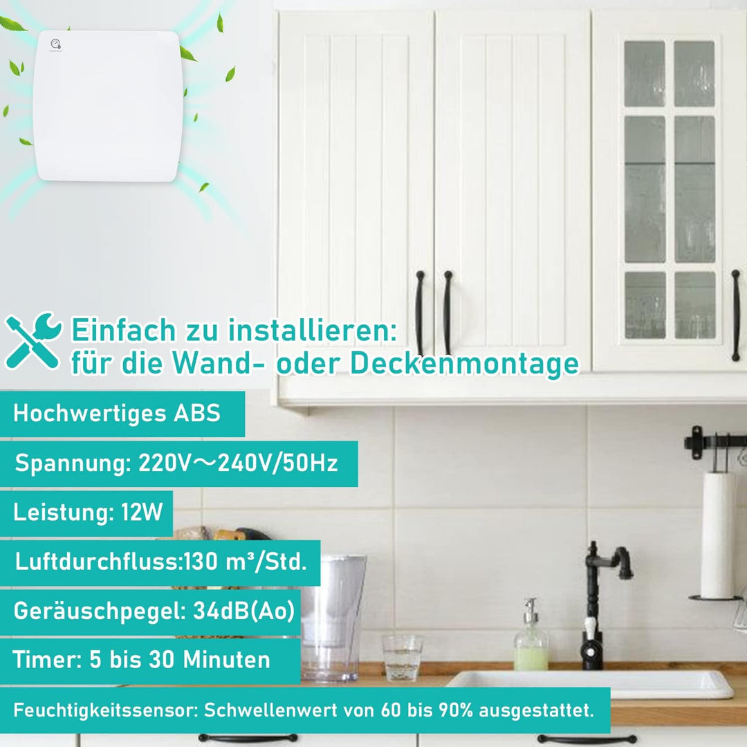 Ikodm Badlüfter 100mm mit Feuchtigkeitssensor und Rückstauklappe timer, Badezimmerlüfter Bad Lüfter