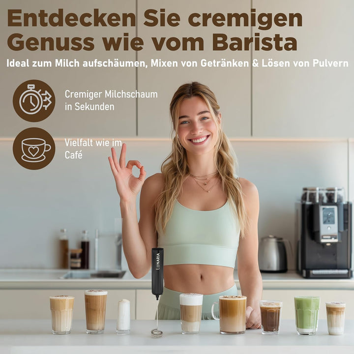 LUNARIA Elektrischer Milchaufschäumer Stab – Akku & USB – Handheld Milchschäumer Quirl Rührstab für