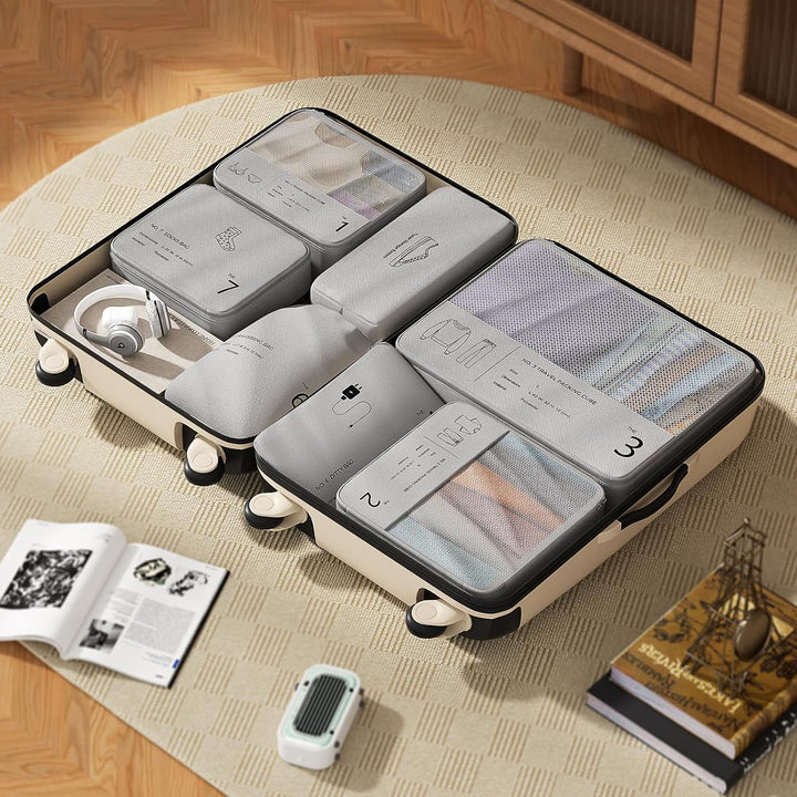Koffer Organizer Set, 7-teilig, Packwürfel, Reise Kleidertaschen, Grau, Polyester, Reissverschluss,
