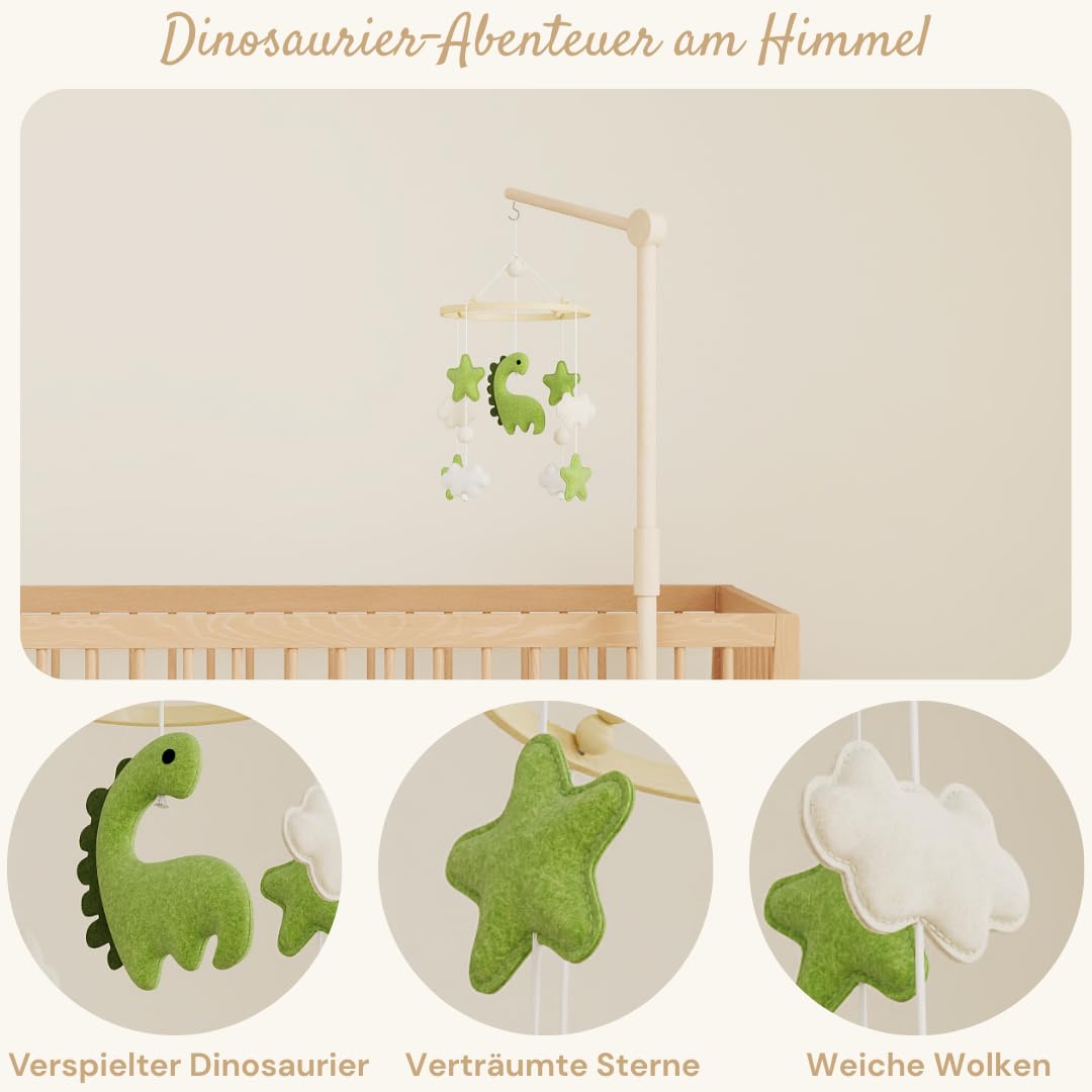 Waldino Baby Mobile Babybett, handgemachtes Filz Babymobile mit Dino, Sternen und Wolken, Mobile Bab