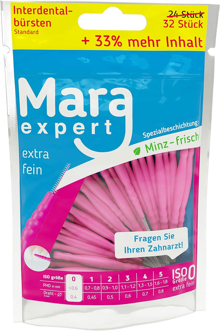 Interdentalbürsten 0,4 mm von MARA EXPERT | ISO 0 extra fein | 6 x 32 Interdentalbürsten Pink | Idea