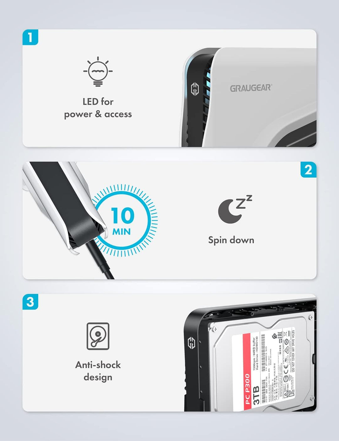 GRAUGEAR | Das Festplattengehäuse | für 3,5 oder 2,5 Zoll SATA Laufwerke | USB3.2 USB-C Anschluss |