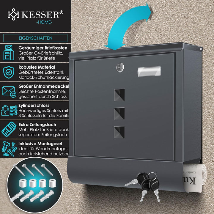 KESSER® Briefkasten Edelstahl mit Zeitungsfach Namensschild, Sichtfenster, gebürstet, 3X Schlüssel a