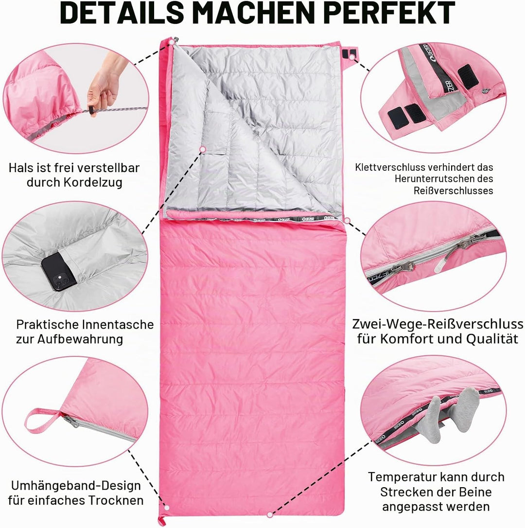 QEZER Daunenschlafsack Ultraleicht Deckenschlafsack kleines Packmass für Camping und Trekking 3 Jahr