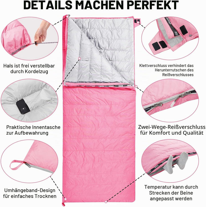 QEZER Daunenschlafsack Ultraleicht Deckenschlafsack kleines Packmass für Camping und Trekking 3 Jahr