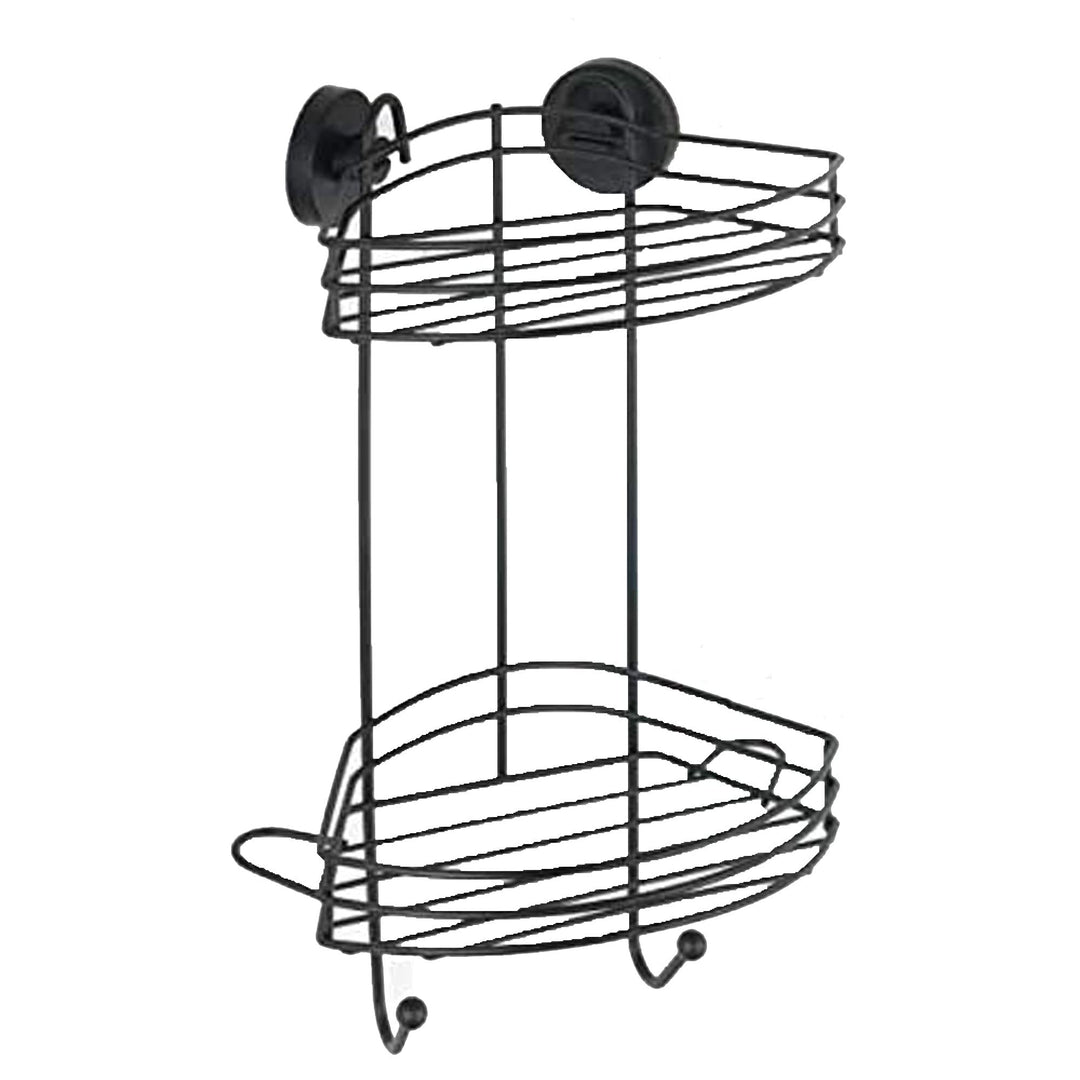 WENKO Vacuum-Loc® Eckregal 2 Etagen Schwarz, Duschablage mit 2 Ebenen und 2 Haken aus lackiertem Sta