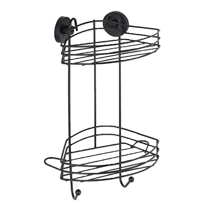 WENKO Vacuum-Loc® Eckregal 2 Etagen Schwarz, Duschablage mit 2 Ebenen und 2 Haken aus lackiertem Sta