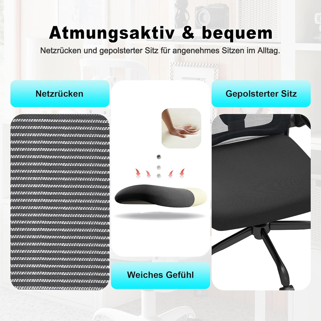 Ergonomischer Bürostuhl – Verstellbare Kopfstütze, Armlehnen &amp; Lordosenstütze, 360°-Drehfunktion, 15