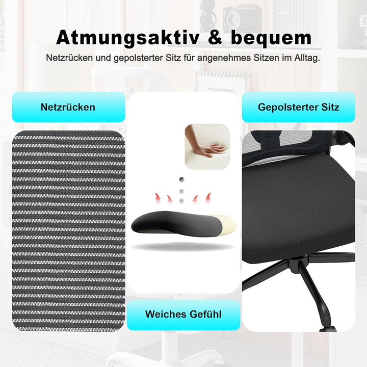 Ergonomischer Bürostuhl – Verstellbare Kopfstütze, Armlehnen &amp; Lordosenstütze, 360°-Drehfunktion, 15