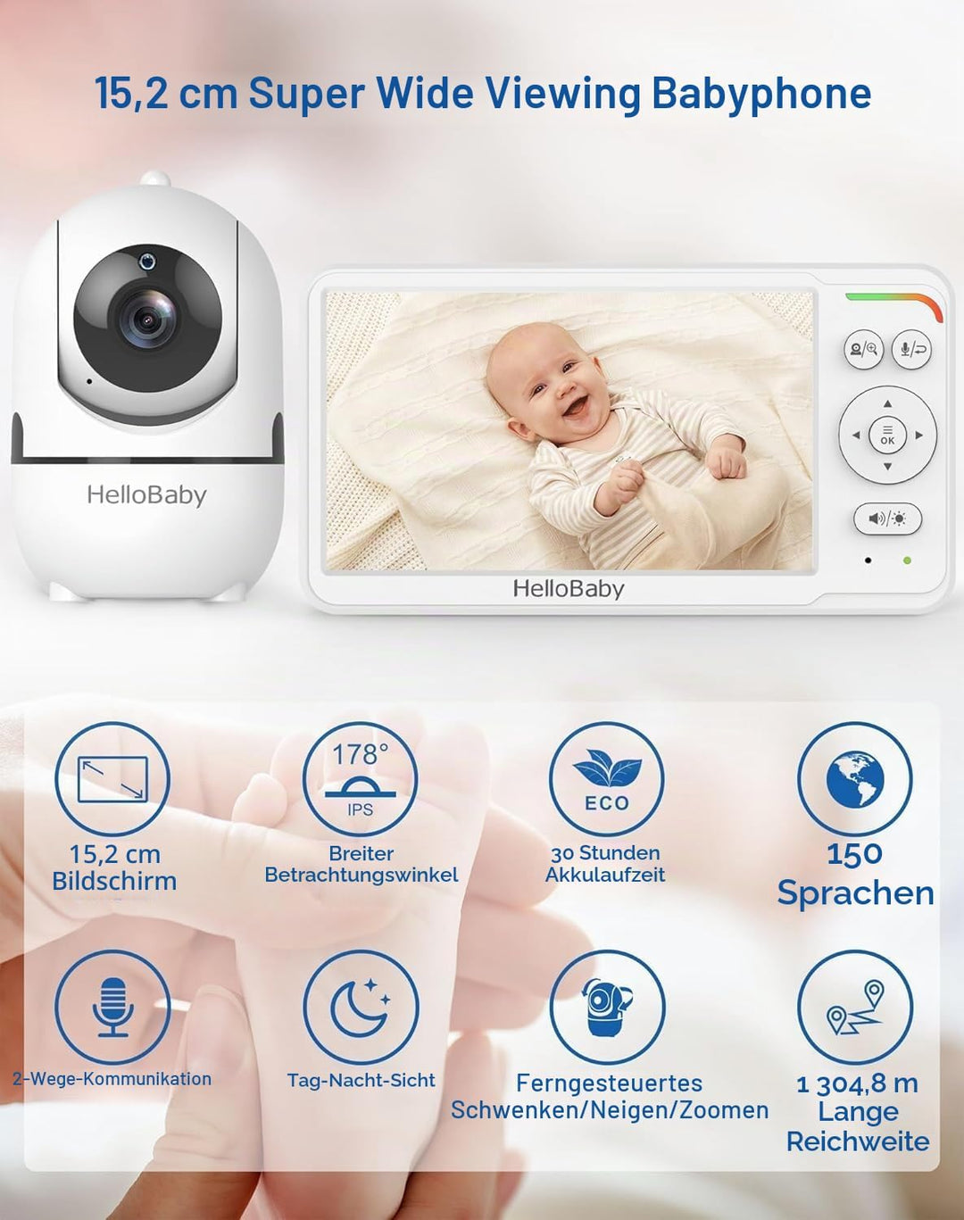 HelloBaby Video-Babyphone, 6 Zoll geteilter Bildschirm mit 2 kameras und 4000 mAh, Kabelgebundene Ka